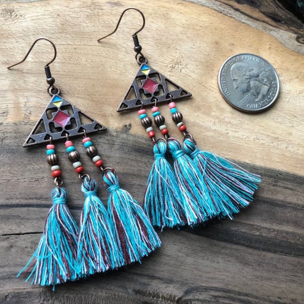 Funky Multi-Colored Teal & Bead Chandelier Earring